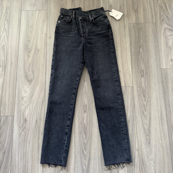 Agolde Crisscross Straight Jeans Raw Hem Organic Cotton Denim Shambles Black 23 - Picture 1 of 6